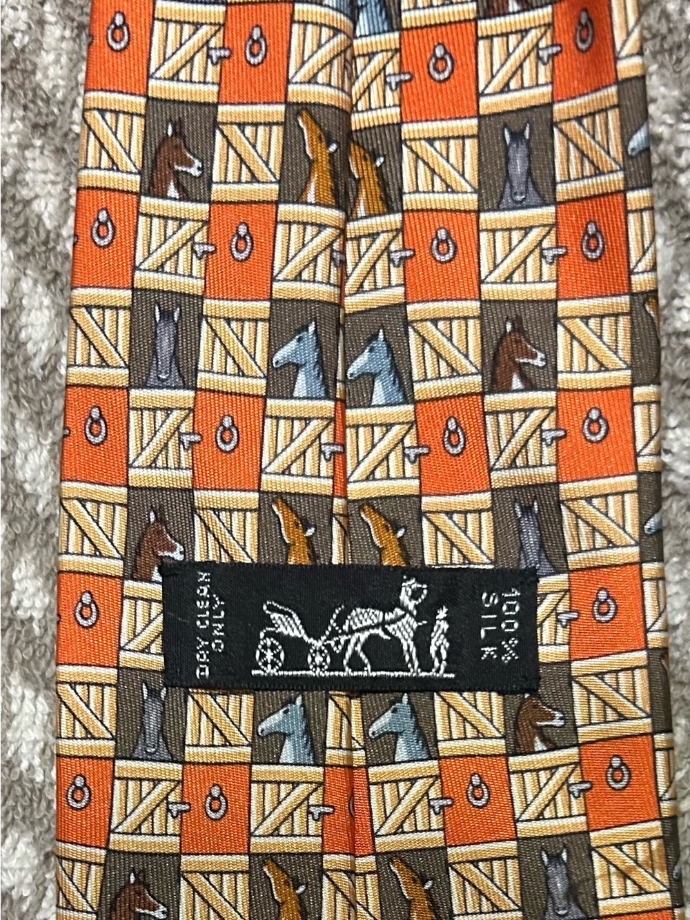 Hermes Orange, Brown and Tan Equestrian Stable Print Silk Tie